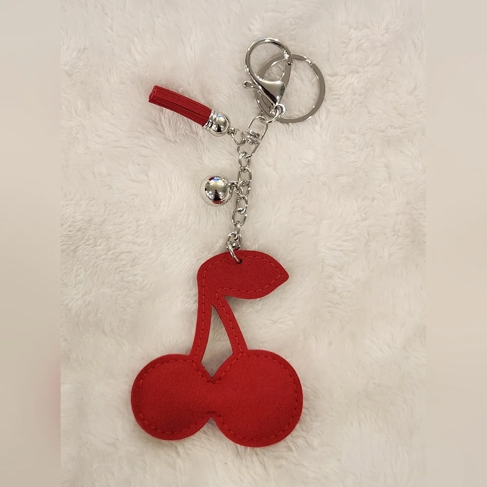 Red Cherry Keychain with Green Leaf Accents Bag Charm